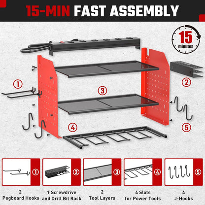 ZESEN Power Tool Organizer - Heavy-Duty 3-Layer Wall Mount Shelf with Charging Station & Hooks | Red