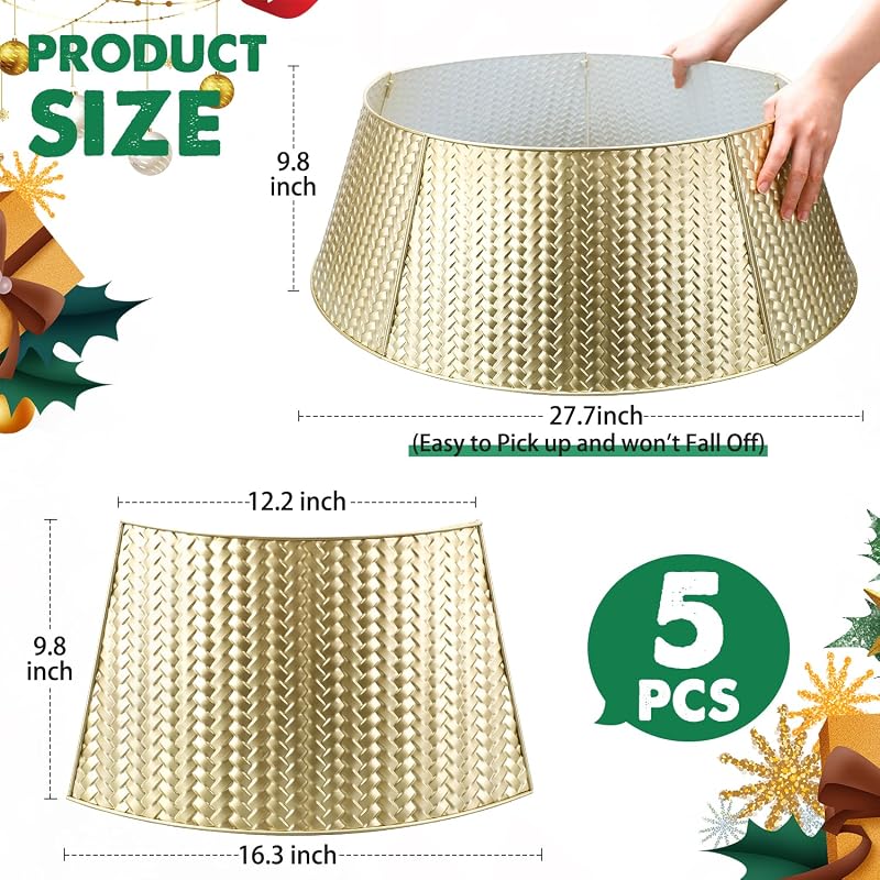 Champagne Gold Metal Christmas Tree Collar, 28 Inch - 5-Panel Interlocking Ring Skirt