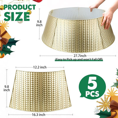 Champagne Gold Metal Christmas Tree Collar, 28 Inch - 5-Panel Interlocking Ring Skirt
