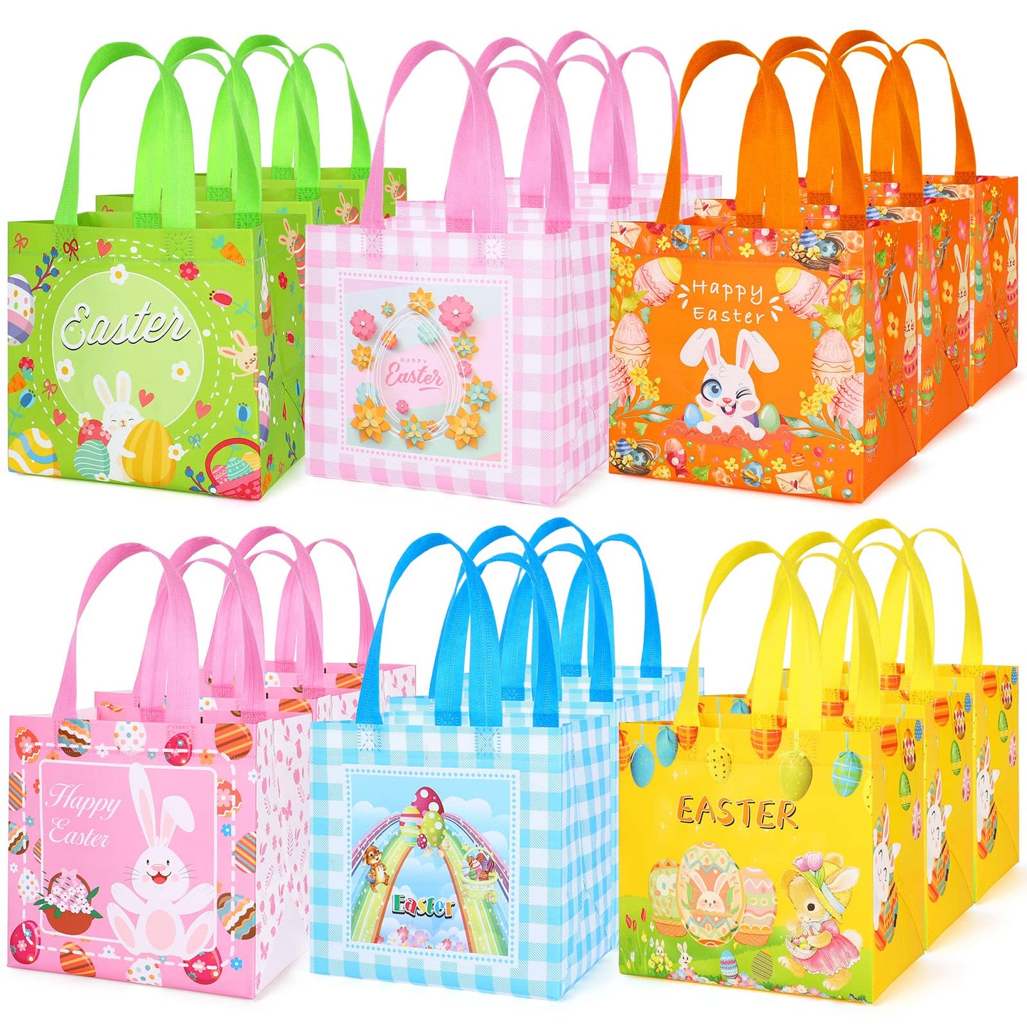 YANGTE Easter Bags 18 packs, Easter Baskets with Handle Gift Bags Reusable Non-Woven Tote Bags for Easter Holiday Spring Party Supplies Open Size 7.91 * 6.01 * 7.91 in