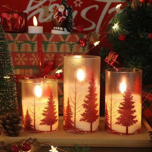 DRomance Flameless Christmas Tree Candles - Remote Timer, Real Wax, 3D Wick | Red, Set of 3 (3, 4, 5, 6 Inch)