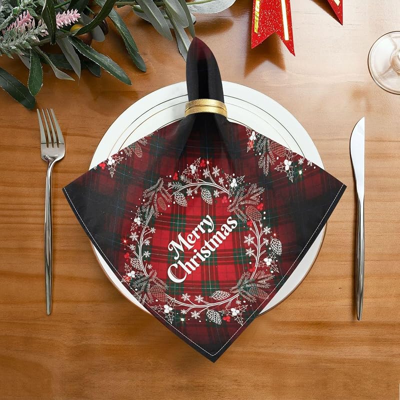 Christmas Monogram Wreath Plaid Cloth Napkins Set of 6, 20 x 20 in, Washable Polyester