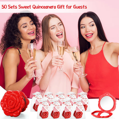 Wenqik 50 Sets Quinceanera Party Favors for Guests Rose Design Compact Pocket Mirrors Quinceanera Cards Thank You Gift and Organza Bags Sweet 15 Mis Quince Birthday Party Favor (Red)
