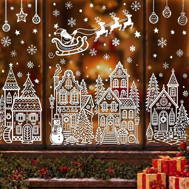 Christmas Village Window Clings – 4 Sheets 15.59 x 26.97 in Each, Winter White House Decor
