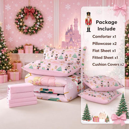 Green & Pink 7-Piece Twin Christmas Comforter Set – Nutcracker Castle Theme Bedding