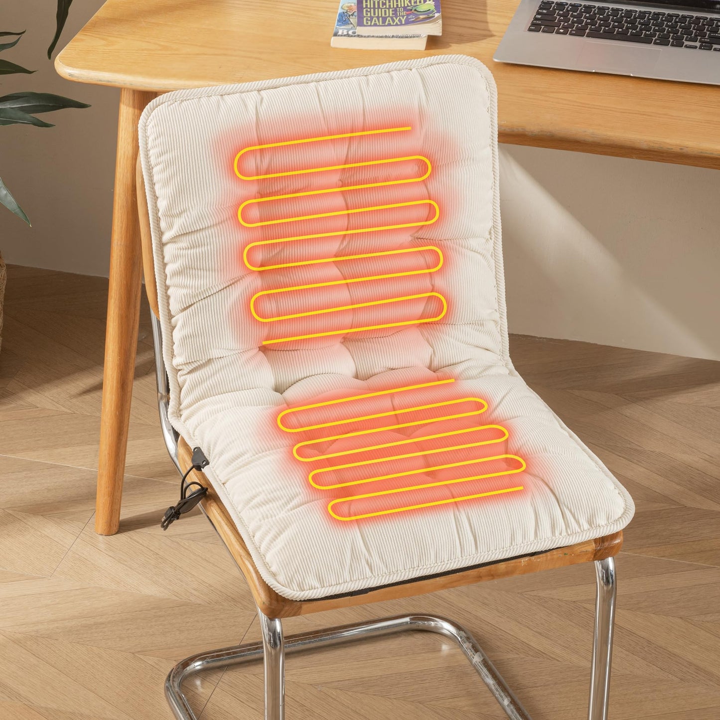 Suchtale Heated Seat Cushion USB Rechargeable Corduroy Heating Seat Cover with 3-Temperature Control & Timer Full Back Heating Pad Heated Chair Cushion with Fast-Heating for Office/Home Chair, White