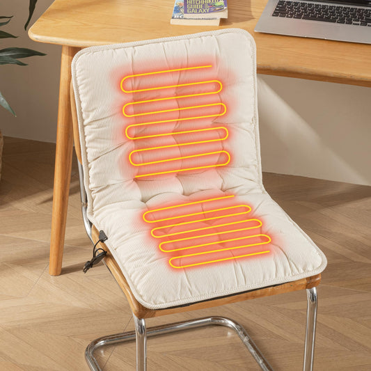 Suchtale Heated Seat Cushion USB Rechargeable Corduroy Heating Seat Cover with 3-Temperature Control & Timer Full Back Heating Pad Heated Chair Cushion with Fast-Heating for Office/Home Chair, White