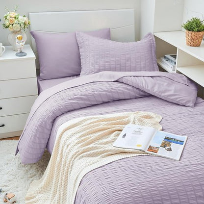 HYMOKEGE Twin XL Comforter Set - Luxury Seersucker 5-Piece Bedding Set in Lavender for All Seasons