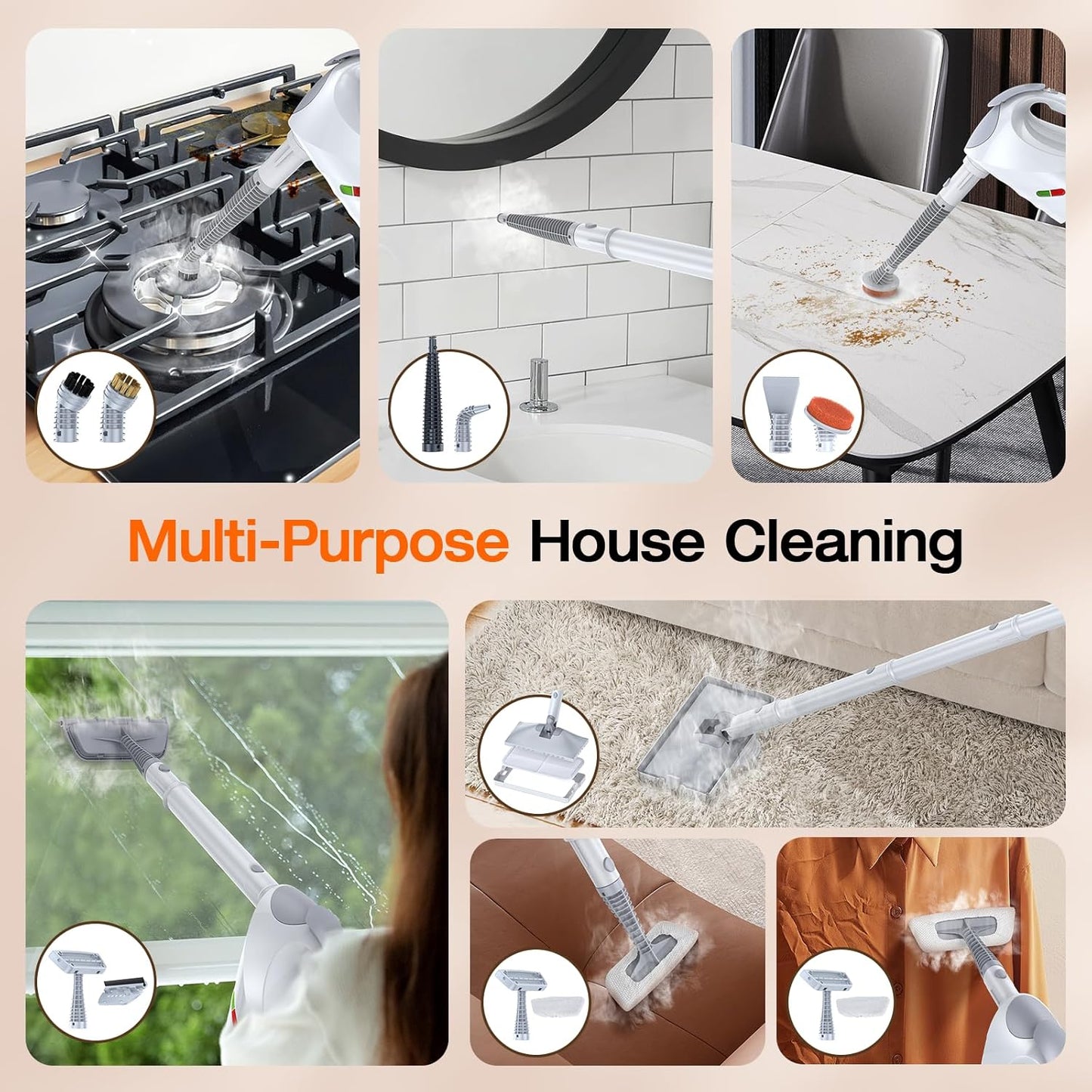 ScrubWiz 10-in-1 Steam Cleaner, Steam Mop & Detachable Handheld Steam Cleaner, 320ml Water Tank, 10s Fast Heating, Portable Steamer for Kitchen, Floor, Tiles, Window, BBQ Grill, Car, Bright White