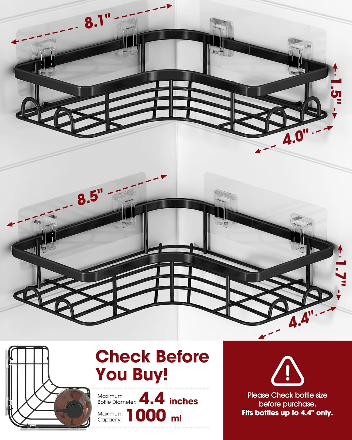 Sakugi Corner Shower Caddy - Rustproof Stainless Steel Organizers with 8 Hooks | No-Drill, Space-Saving Design, Black - 2 Pack