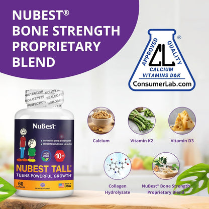 NuBest Tall 10+ Premium Bone Strength Formula, Enhanced Immunity and Overall Health for Age 10+ with Calcium, Vitamin D3, Vitamin K2, and Multivitamins | 60 Capsules | 1 Month Supply