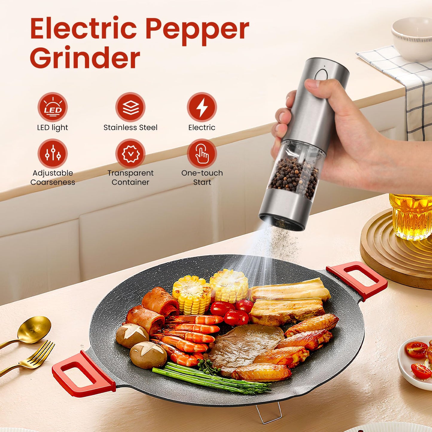 Newise Electric Salt and Pepper Grinder Rechargeable with Light, Electric Salt and Pepper Shakers, Automatic & Adjustable Coarseness, Kitchen Gadgets, Stainless Steel