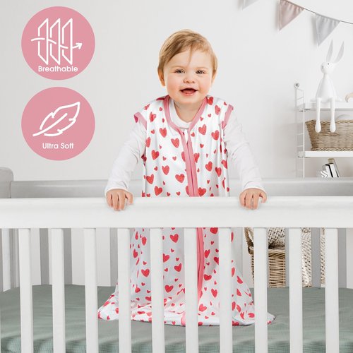 BSTOPPT 3 Pack Baby Sleep Sack 0-6 Months 100% Rayon Cotton Baby Sleeping Bag 2-Way Zipper Toddler Wearable Blankets Comfy Stretchy Lightweight TOG 0.3 （Heart&Pink&Floral）
