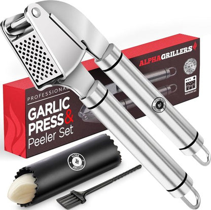 Alpha Grillers Garlic Press - Stainless Steel, Easy to Clean & Rust-Proof | Includes Silicone Peeler & Brush