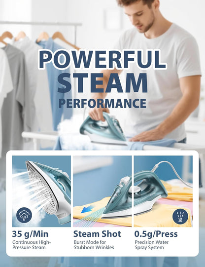 Skiennix Steam Iron - 1500W Ceramic Soleplate, Rapid Heating, Self-Cleaning, Auto-Off | Green