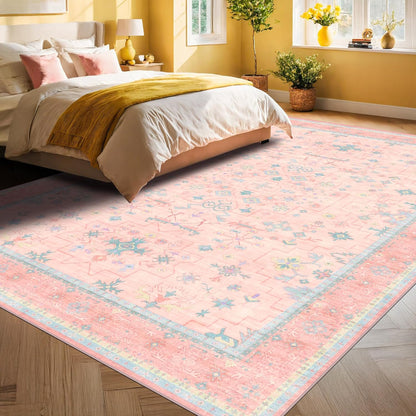 Oushak Rugs | Washable Pink & Blue 9x12 Living Room Rug | Modern Floral Design, Soft Faux Wool