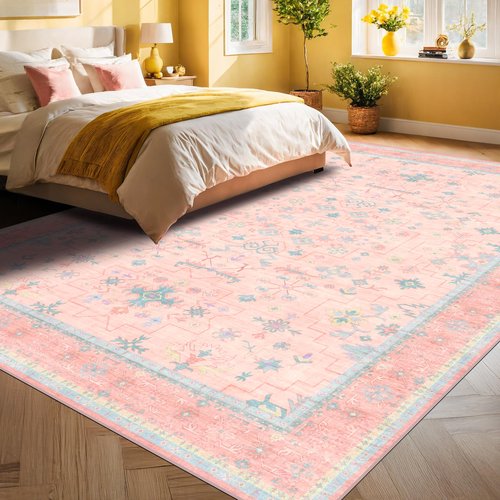 Washable Pink and Blue 9x12 Oushak Rugs for Living Room Rug Bedroom Girls, Modern Floral Aethestic Distressed Design, Soft Faux Wool Low Pile Non Slip Stain Resistance Carpet