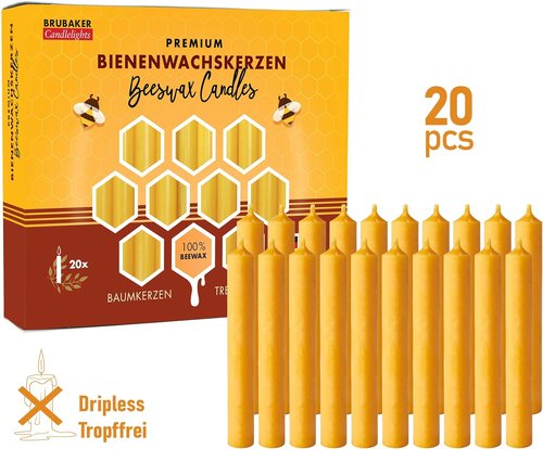 BRUBAKER 100% Beeswax Tree Candles - Honey Colored - Pack of 20 | 3¾ x ½ Inches (9.5 x 1.27cm) - Made in Europe