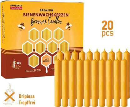 BRUBAKER 100% Beeswax Tree Candles - Honey Colored - Pack of 20 | 3¾ x ½ Inches (9.5 x 1.27cm) - Made in Europe
