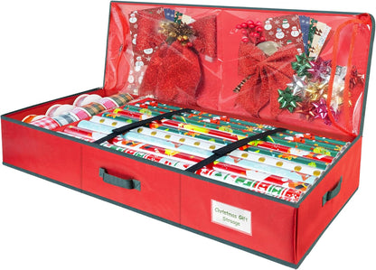 VoMii Gift Wrap Organizer - 40 Inch Storage Container for 24 Rolls of Wrapping Paper | Underbed Bag with Pockets