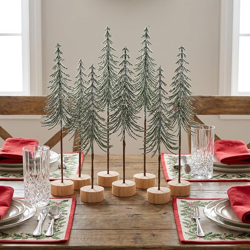 9 Pcs Mini Alpine Christmas Trees Set - Green & White Snow Decor, 12.5in, 12in, 10.5in Variation Green+1in