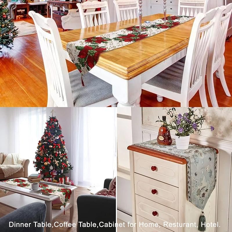 Christmas Table Runner 72x13 Inch with Tassels - Red Flower Classic Linen