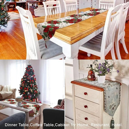 Christmas Table Runner 72x13 Inch with Tassels - Red Flower Classic Linen