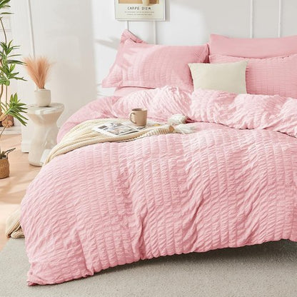 HYMOKEGE California King Comforter Set - 7-Piece Luxury Bedding in Pink Seersucker for All Seasons