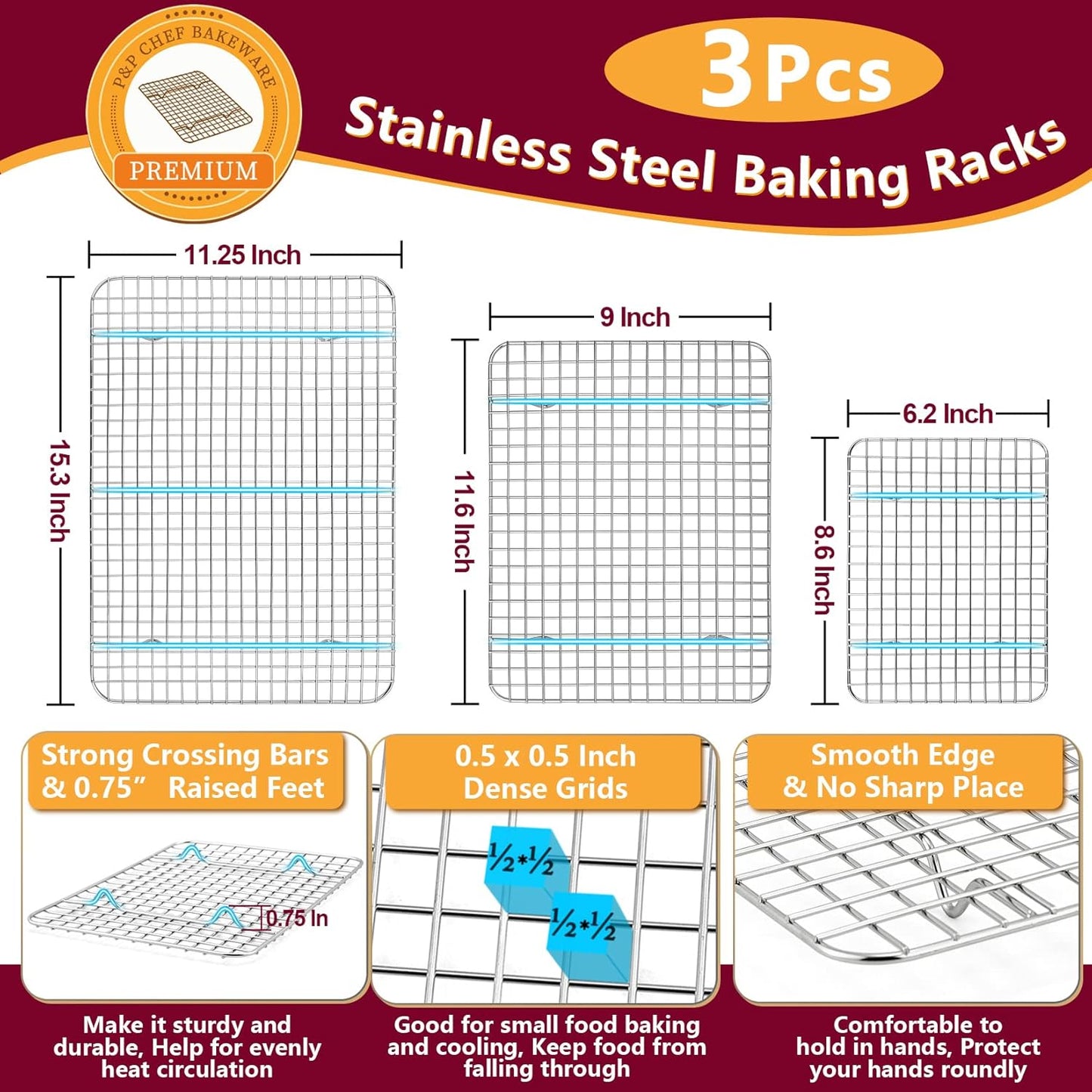 P&P CHEF Baking Sheet Set - Stainless Steel Cookie Sheets with Cooling Racks | 16, 12.5 & 9 Inch, Oven Safe