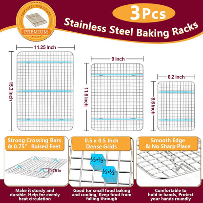 P&P CHEF Baking Sheet Set - Stainless Steel Cookie Sheets with Cooling Racks | 16, 12.5 & 9 Inch, Oven Safe