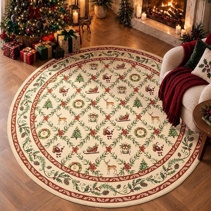 6ft Round Christmas Rug with Santa - Washable, Non-Slip Red Holiday Accent (Xmas Red+Round+6')