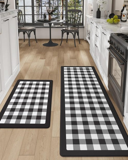 DEXI Buffalo Plaid Kitchen Mat Sets of 2, Cushioned Anti Fatigue Floor Checkered Rug, Waterproof Non Slip Memory Foam Mats for Standing Desk, Home Office, Sink, Laundry, Black & White