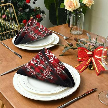 Christmas Monogram Wreath Plaid Cloth Napkins Set of 6, 20 x 20 in, Washable Polyester