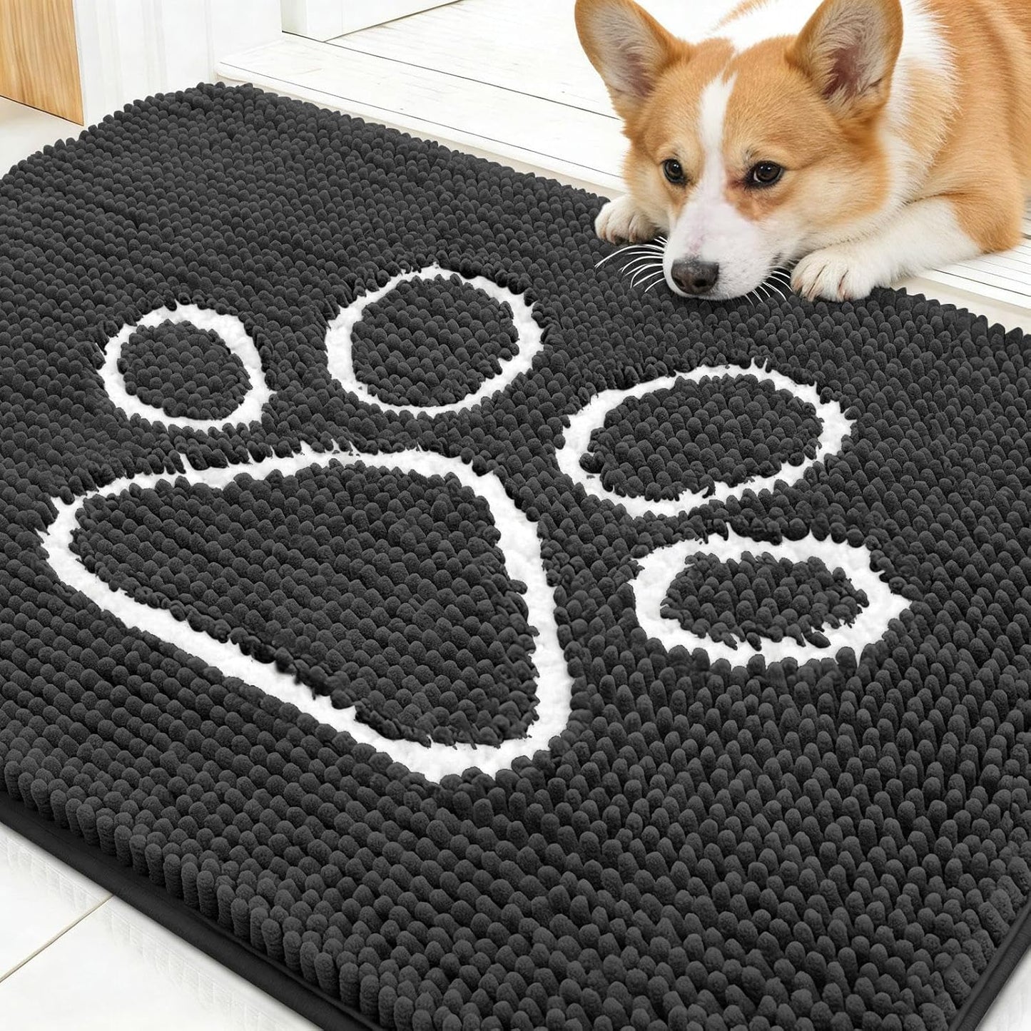 OLANLY Dog Door Mat - Absorbent Non-Slip Mud Mat for Paws | Quick Dry Chenille, 30x20, Dark Grey