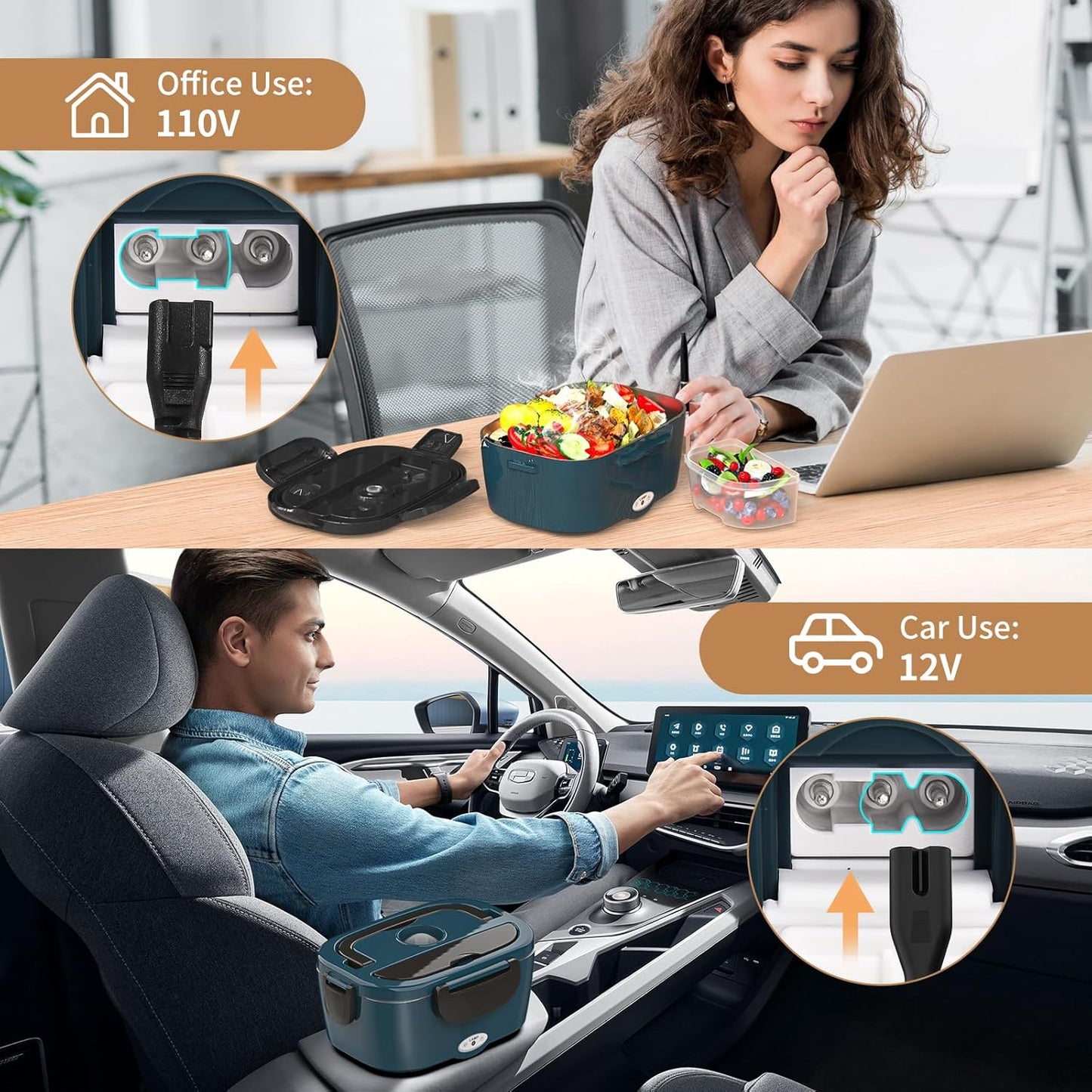 Vingud Electric Lunch Box - Heated Portable Food Warmer for Car/Truck | Dual 1.5L Stainless Steel Containers
