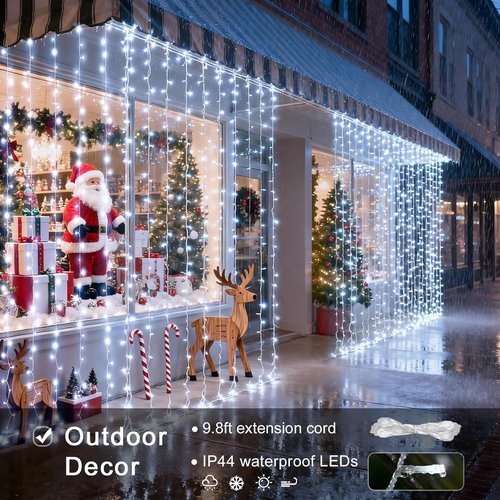 JMEXSUSS Curtain Lights - 900 LED White Indoor/Outdoor String Lights with Remote | 9.5x29.5ft for Decor