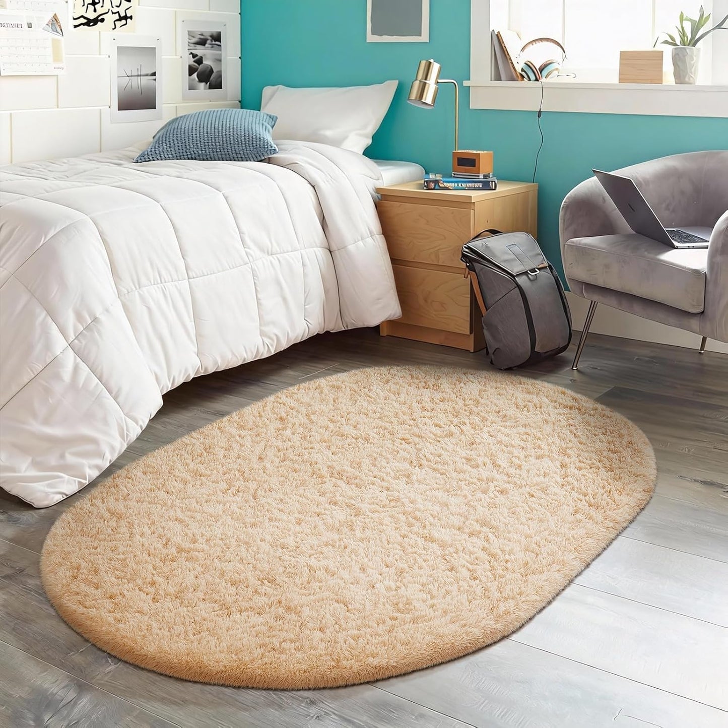Ophanie 3x5 Oval Rug - Non-Slip Beige Area Rug for Bedroom & Dorm | Fluffy Home Decor Essentials