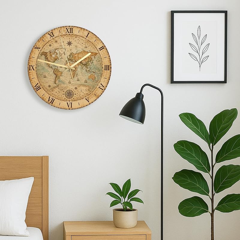 World Map Wall Clock - Vintage Rustic Compass, 11.6x11.6 in, Brown, Silent Non-Ticking