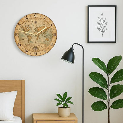 World Map Wall Clock - Vintage Rustic Compass, 11.6x11.6 in, Brown, Silent Non-Ticking
