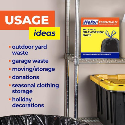 Hefty Essentials 30 Gallon Trash Bags - 56 Count Bulk Black Garbage Bags for Large Items | Scent Free