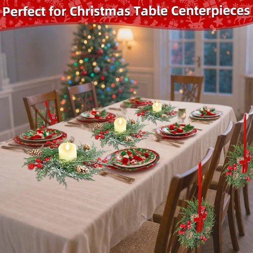 Flocked Mini Christmas Wreath Candle Rings by [Brand Name] - 6 Pack, 9"x3.5" Snowy Cypress with Red Berries & Pinecones for Holiday Table Decor