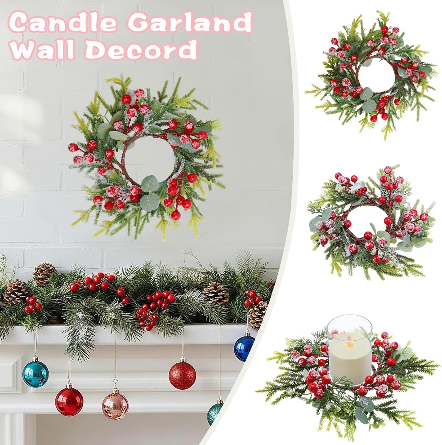 Regine Switzerland Christmas Candle Rings - Mini Wreaths with Red Berries | 2.76-Inch Snowy Pine Garland for Festive Table Centerpieces