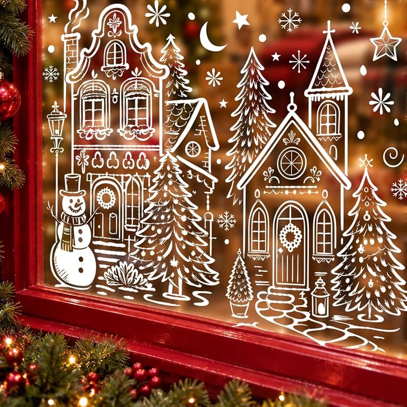 Christmas Village Window Clings – 4 Sheets 15.59 x 26.97 in Each, Winter White House Decor