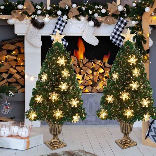 Juegoal Pre-Lit Artificial Christmas Trees - 3 FT Lighted Green Fiber Optic Entrance Trees | 8 Lighting Modes, Gold Urn Base