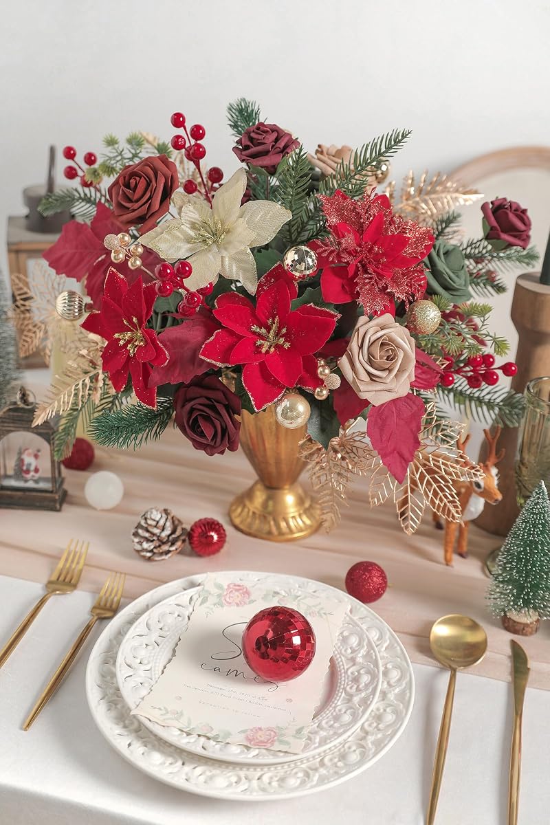 Red Poinsettias Christmas Artificial Flower Combo Set with Pine Stems & Gold Leaves - Rongflower Variation Chrismas Red Gold