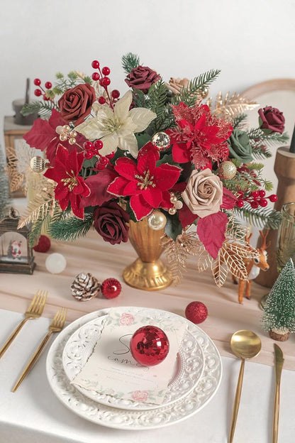 Red Poinsettias Christmas Artificial Flower Combo Set with Pine Stems & Gold Leaves - Rongflower Variation Chrismas Red Gold