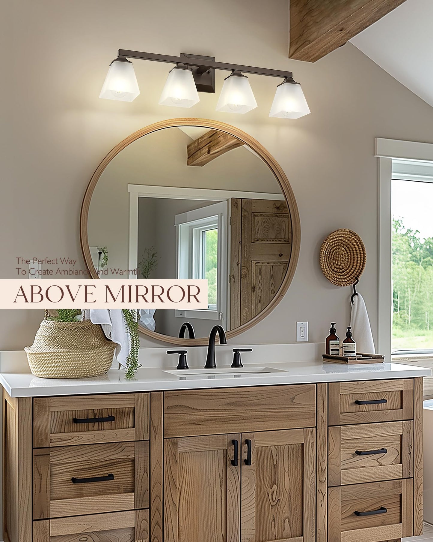 Bathroom Lighting Fixtures, HWH 4-Light Farmhouse Bathroom Vanity Light Over Mirror, Vanity Wall Sconce Oil-Rubbed Bronze Finish with Frosted White Square Glass, 5HY68BG1-4W ORB