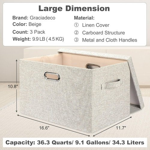 Graciadeco Large Collapsible Storage Bins - Stackable Beige Linen Fabric Boxes | 3-Pack (16.6 x 11.7 x 10.8)