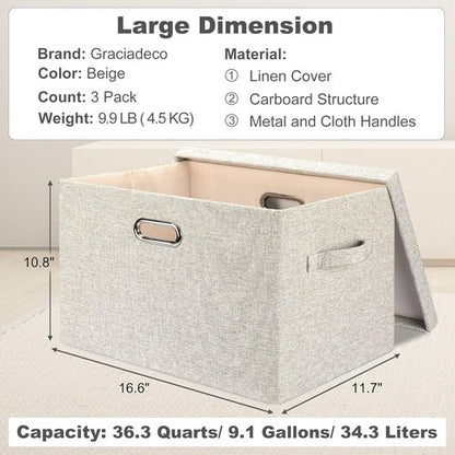Graciadeco Large Collapsible Storage Bins - Stackable Beige Linen Fabric Boxes | 3-Pack (16.6 x 11.7 x 10.8)