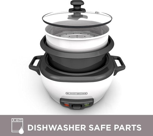 BLACK+DECKER 6-Cup Rice Cooker - Removable Non-Stick Bowl & Steaming Basket, White Finish